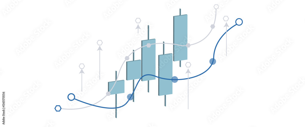 Abstract stock market chart with blue and red bars, a line graph on a ...