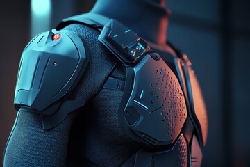 Poster - Sleek futuristic armor with advanced tech in a dimly lit setting
