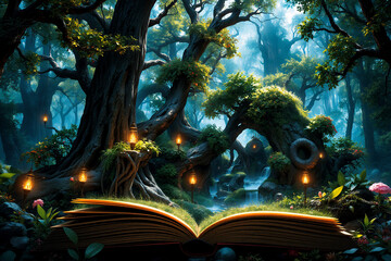 Canvas Print - a magical open book rests in a serene forest, illuminated by soft glowing lights. enchanted trees an
