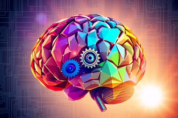 Poster - Polygonal, vibrant brain with blue gears symbolizes artificial intelligence and machine learning. A circuit board backdrop emphasizes technology and innovation.