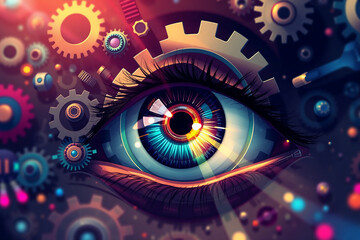 Poster - A vibrant eye is at the center of a mechanical world of gears and cogs, illuminated by bright rays of light. Abstract and futuristic, it evokes concepts of vision and technology.