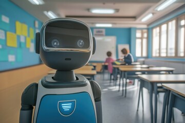 Poster - Robot teaching assistant engages students in a modern classroom setting