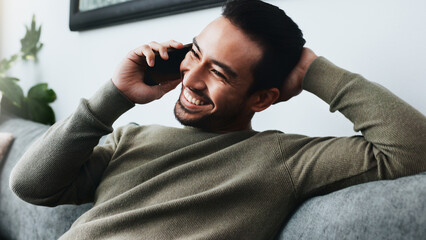Aufkleber - Smile, man and relax with phone call of remote work, discussion and good news of financial proposal. Male person, happy and mobile for schedule update, contact feedback and investment report at house