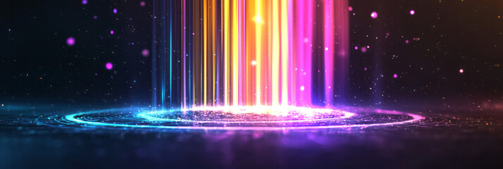 Poster - A high-energy digital background with radiant vertical streaks of light, set against a dark base,