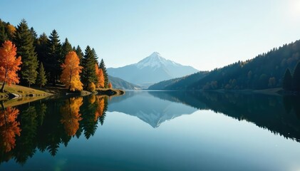 Wall Mural - calm lake surface reflects surrounding trees, creating a symmetrical pattern , peaceful, serene, sym