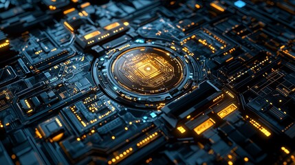 Poster - Futuristic technology circuit board design featuring glowing elements in an abstract pattern