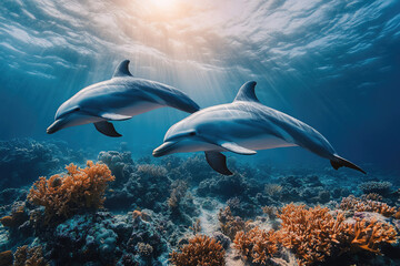 Poster - Two dolphins swim gracefully over a vibrant coral reef, bathed in sunlight.