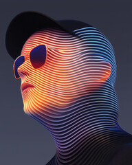 Poster - A futuristic 3D vector graphic of a human in a hat and sunglasses, rendered with vibrant colors on