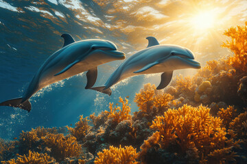 Poster - Two dolphins gracefully swim above a vibrant coral reef, bathed in sunlight.