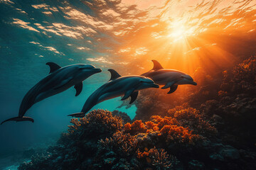 Poster - Three dolphins gracefully swim through vibrant coral reefs, bathed in the golden light of a breathtaking sunset.