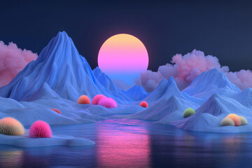 Poster - A beautiful, colorful digital art-style illustration of a serene landscape, with a dark background