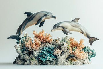 Poster - Two dolphins gracefully leap above a vibrant coral reef, a captivating underwater scene.