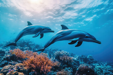 Poster - Two dolphins gracefully swim above a vibrant coral reef in the ocean.