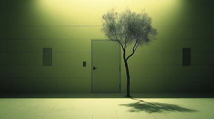 Poster - A lone tree stands beside a door in an illuminated space