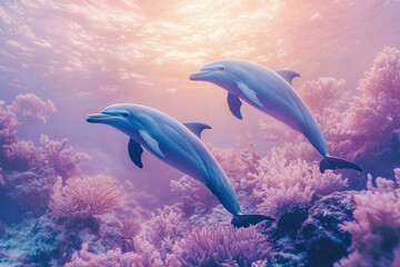 Poster - Two dolphins gracefully swim through a vibrant coral reef, bathed in the warm glow of sunlight.