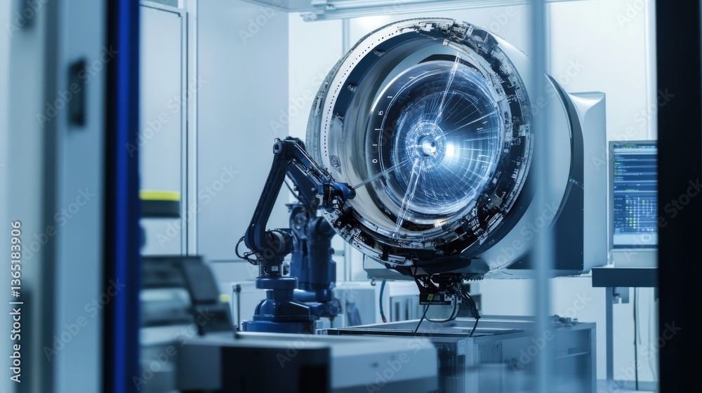 An advanced aerospace testing lab where robotic arms are assembling a ...