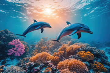 Poster - Two dolphins gracefully swim above a vibrant coral reef, bathed in sunlight.