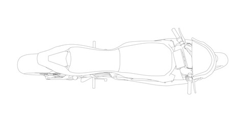 Poster - A motorcycle is shown in black and white. The motorcycle is parked on a white background. Top view