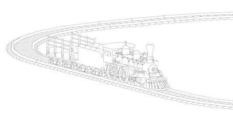 Poster - A train is traveling down a track. The train is black and white. The train is moving fast