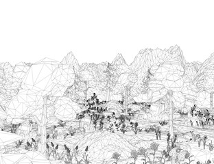 Poster - A mountain range is shown in black and white. The mountains are very tall and the sky is clear. The scene is peaceful and serene