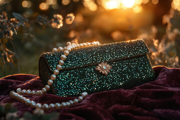 Aufkleber - Sparkling green clutch rests on velvet, adorned with a pearl necklace, bathed in golden sunset light.