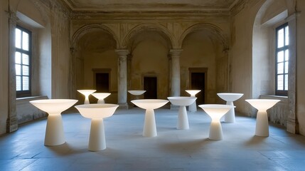 Poster - Illuminated pedestal lamps are arranged in an old open building space
