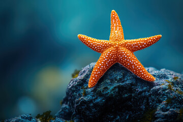 Poster - Orange starfish perched on a dark rock, underwater scene.