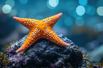 Poster - An orange starfish rests on a dark rock in a blurred underwater scene.