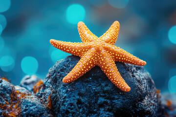 Poster - An orange starfish rests on a dark rock against a blurred teal ocean background.