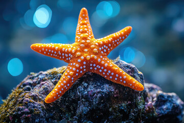 Poster - An orange starfish with white spots rests on a dark rock against a blurred blue ocean background.