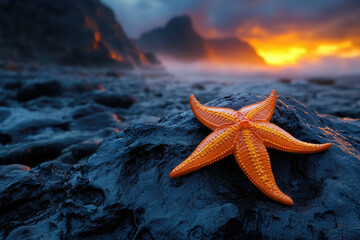 Poster - Orange starfish on dark volcanic rock at sunset, dramatic coastal scene.