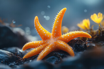 Poster - Vibrant orange starfish rests on dark rocks, ocean backdrop, glistening detail.