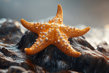 Poster - Orange starfish with white spines rests on a dark, wet rock, sunlit.
