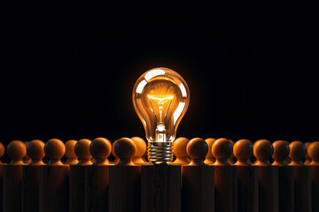 Aufkleber - Illuminated lightbulb stands out amidst a crowd of wooden figures against a stark black background.  A symbol of bright ideas, innovation, and leading the way.