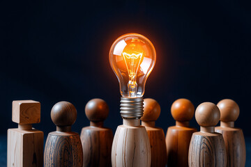 Poster - A glowing light bulb illuminates a group of wooden figures, symbolizing bright ideas and leadership among people in a dark setting.  The central figure stands out with its illuminated head.