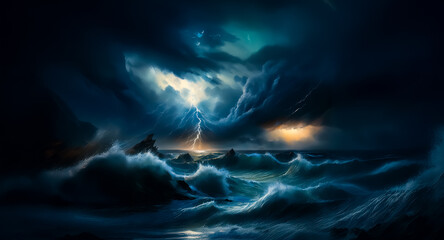 Poster - A dramatic seascape featuring a powerful lightning strike illuminating dark, ominous clouds above a turbulent ocean with large, crashing waves.
