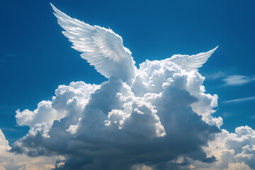 Poster - White wings emerge from a fluffy cloud in a bright blue sky. The angelic wings spread upwards from the cloud formation, creating a serene and ethereal scene.