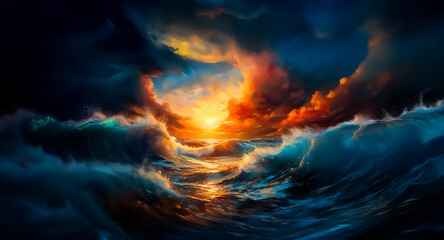 Poster - Dramatic ocean scene with turbulent waves beneath a stormy sky. Golden light pierces through dark clouds, crafting a powerful, dynamic atmosphere.