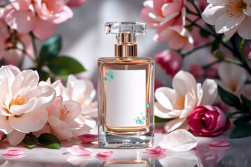 Poster - Elegant perfume bottle with golden details stands amidst blooming pink flowers and scattered petals, creating a soft, feminine, and floral atmosphere.