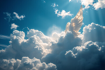 Poster - A majestic white wing ascends through fluffy clouds, bathed in radiant sunlight streaming from above, against a bright blue sky.