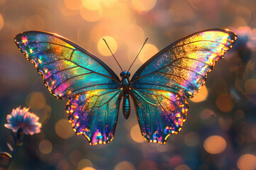 Poster - A vibrant iridescent butterfly with wings shimmering in the golden sunset light, near a delicate flower.
