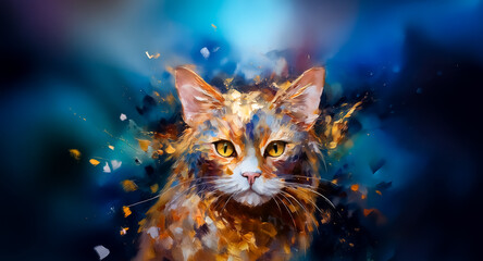 Poster - A vibrant digital painting of a feline with striking yellow eyes. The artwork features abstract brushstrokes and a dynamic color palette of orange, blue, and white.