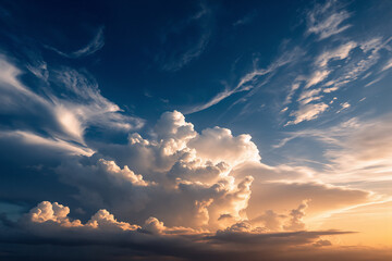 Aufkleber - Dramatic sky with fluffy clouds illuminated by golden light at sunset. Dark blue sky above and orange glow below, creating a beautiful and dramatic scene.