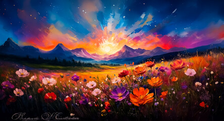 Poster - A field of colorful flowers in full bloom, with majestic mountains in the distance under a vibrant, radiant sunset sky.