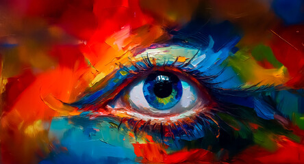 Poster - Abstract painting of an eye. Vibrant colors and expressive brushstrokes make a dynamic composition. Realistic eye contrasts with the abstract background.
