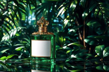 Poster - Ornate golden cap tops a green perfume bottle, presented among lush green foliage. Reflective surface adds to luxurious, natural ambiance.