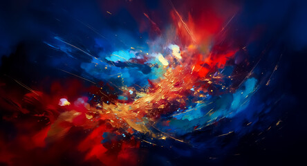 Aufkleber - Vibrant abstract painting featuring a dynamic explosion of colors and light. Bold brushstrokes blend red, blue, and orange hues in an energetic artistic display.