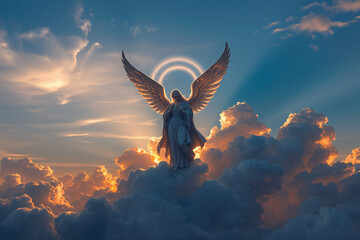 Aufkleber - An angelic figure with large wings stands amidst fluffy clouds under a vibrant sky, illuminated by a radiant halo and soft sunlight.