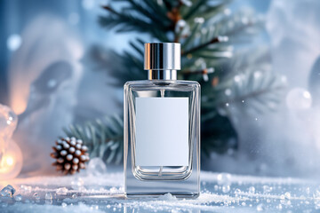 Poster - Elegant perfume bottle in a winter scene. Pine branch, cone, and snow create a festive, luxurious ambiance. Soft light, blurred background.