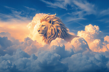 Aufkleber - Majestic lion emerges from fluffy clouds against a vibrant sky. The powerful animal stands proudly amidst the serene and heavenly atmosphere.
